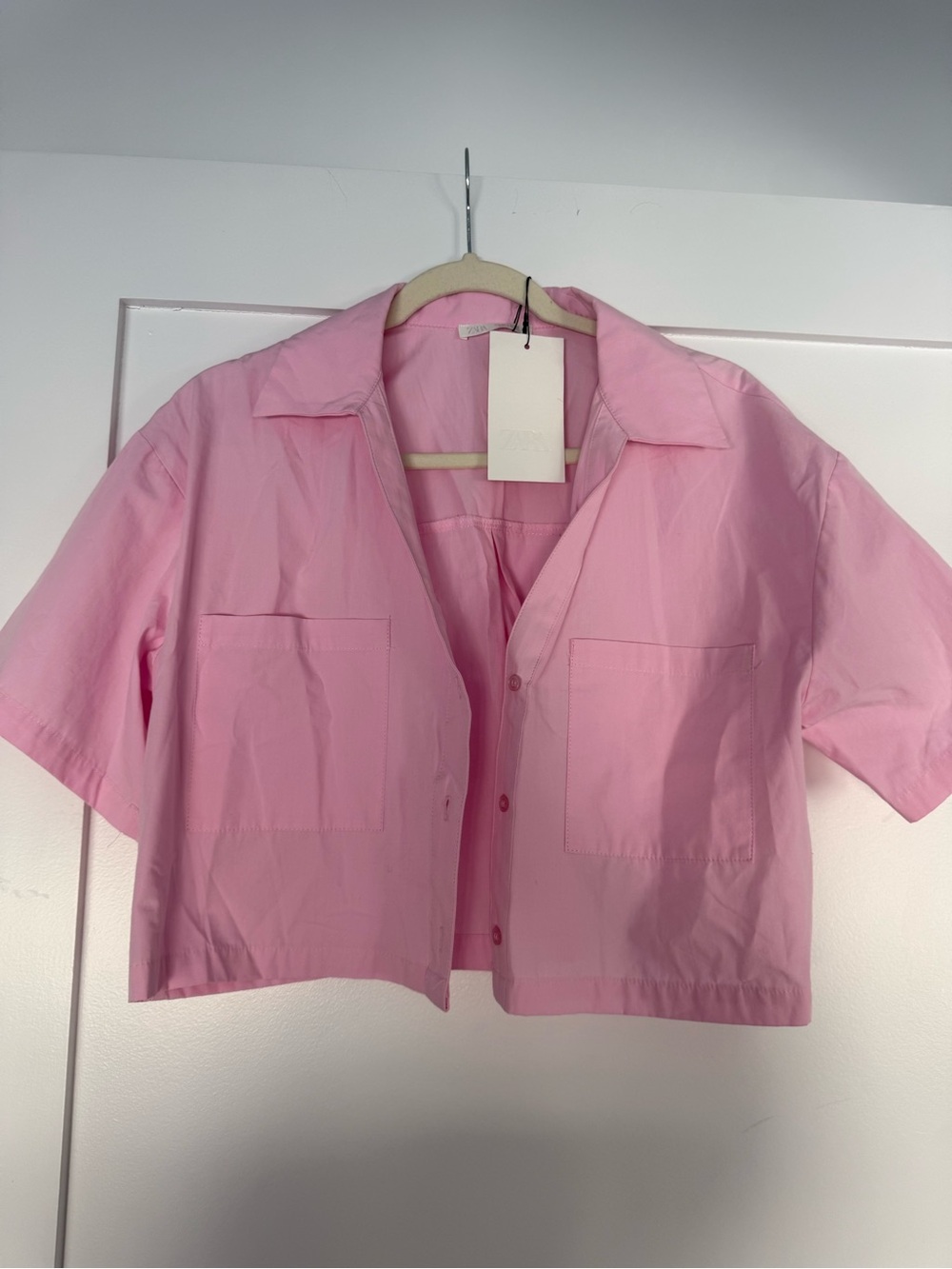 Zara Pink Short Sleeve Crop Button-Up Top